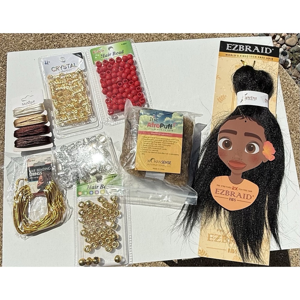 Hair Braiding Lot: EZBraid Kids‎ Afro Puff Beads Cuffs Strings Extension Bundle